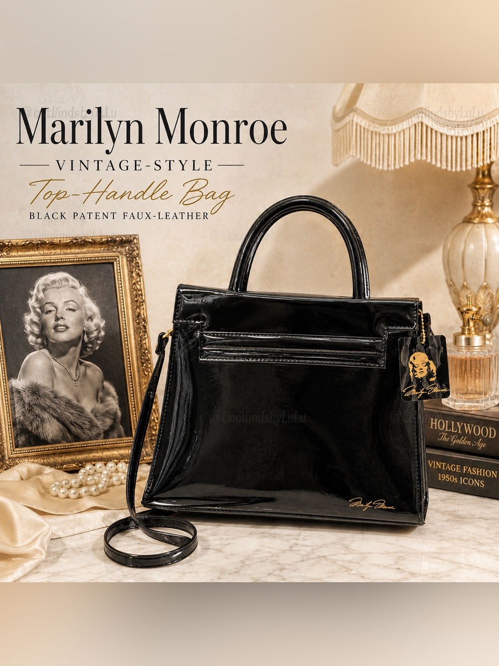 Vintage-Style Marilyn Monroe Black Patent Top-Handle Bag